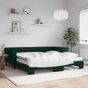 Pat de zi cu extensie și saltele verde închis 100x200cm catifea