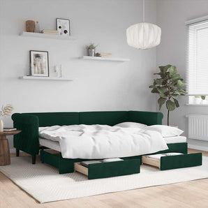 Pat de zi cu extensie și sertare verde închis 80x200 cm catifea