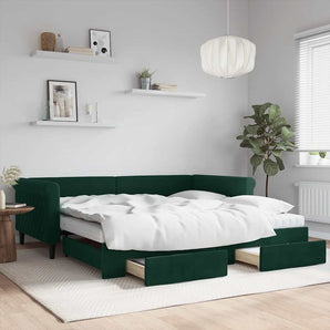 Pat de zi cu extensie și sertare verde închis 100x200cm catifea