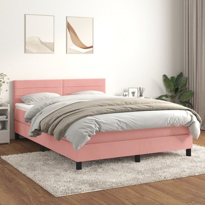 Pat box spring cu saltea, roz, 140x190 cm, catifea