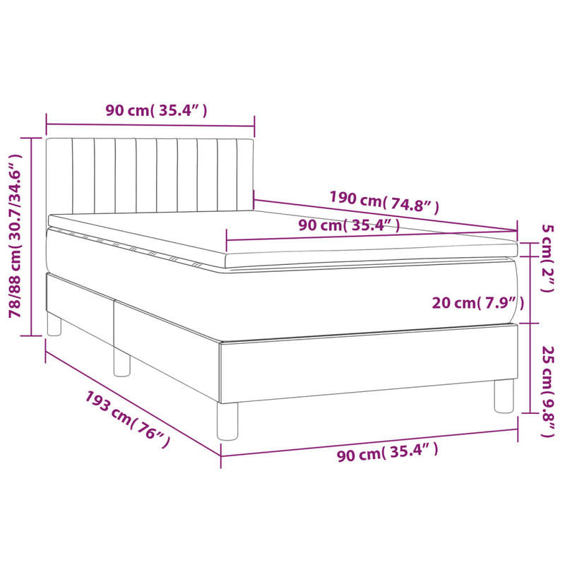Pat box spring cu saltea, gri închis, 90x190 cm, catifea