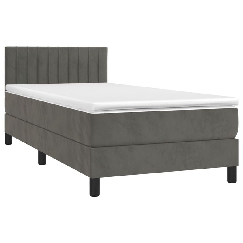 Pat box spring cu saltea, gri închis, 90x200 cm, catifea