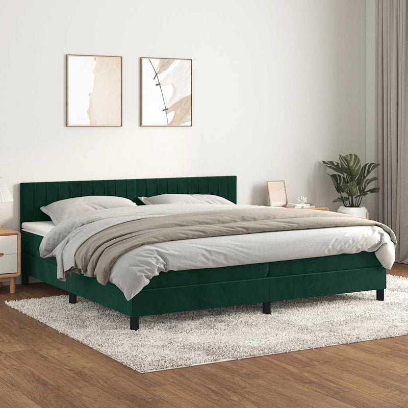 Pat box spring cu saltea, verde închis, 200x200 cm, catifea