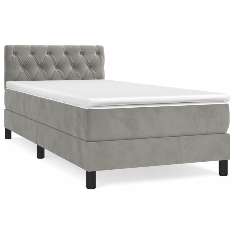 Pat box spring cu saltea, gri deschis, 80x200 cm, catifea