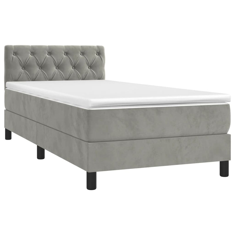 Pat box spring cu saltea, gri deschis, 80x200 cm, catifea