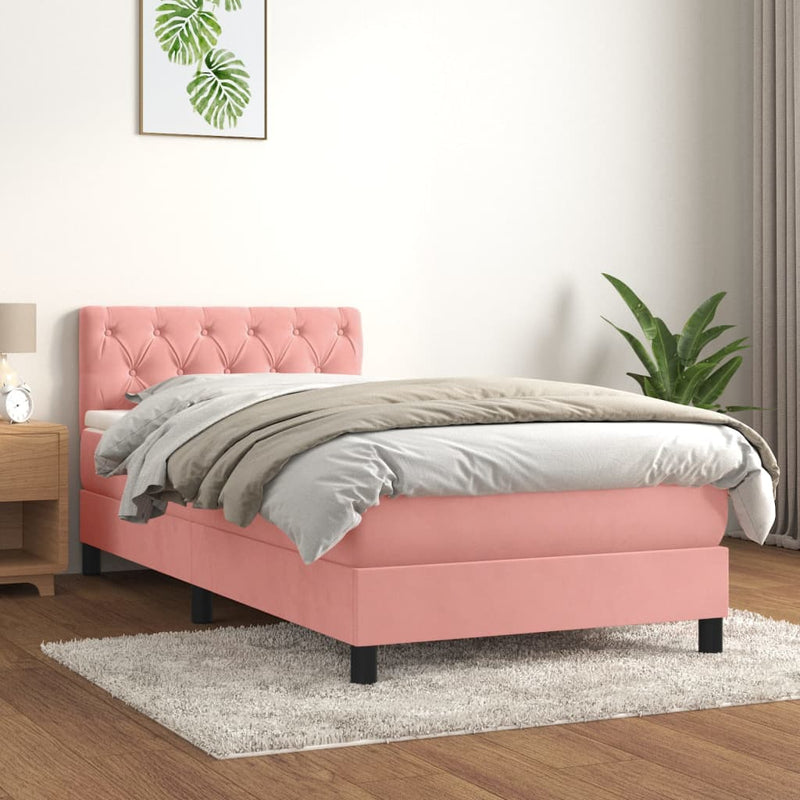 Pat box spring cu saltea, roz, 80x200 cm, catifea