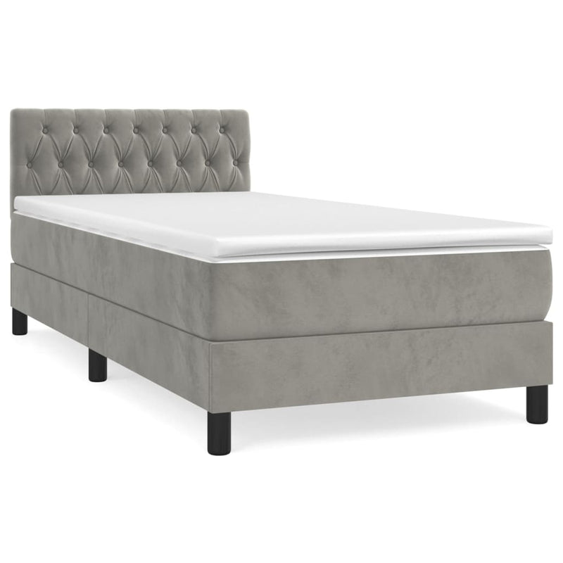 Pat box spring cu saltea, gri deschis, 90x190 cm, catifea