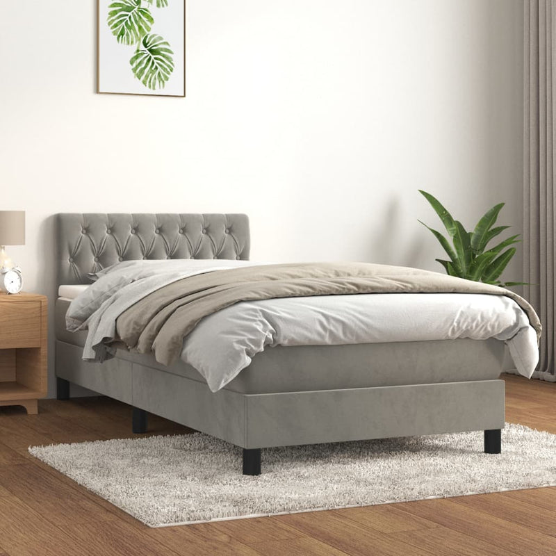 Pat box spring cu saltea, gri deschis, 90x190 cm, catifea