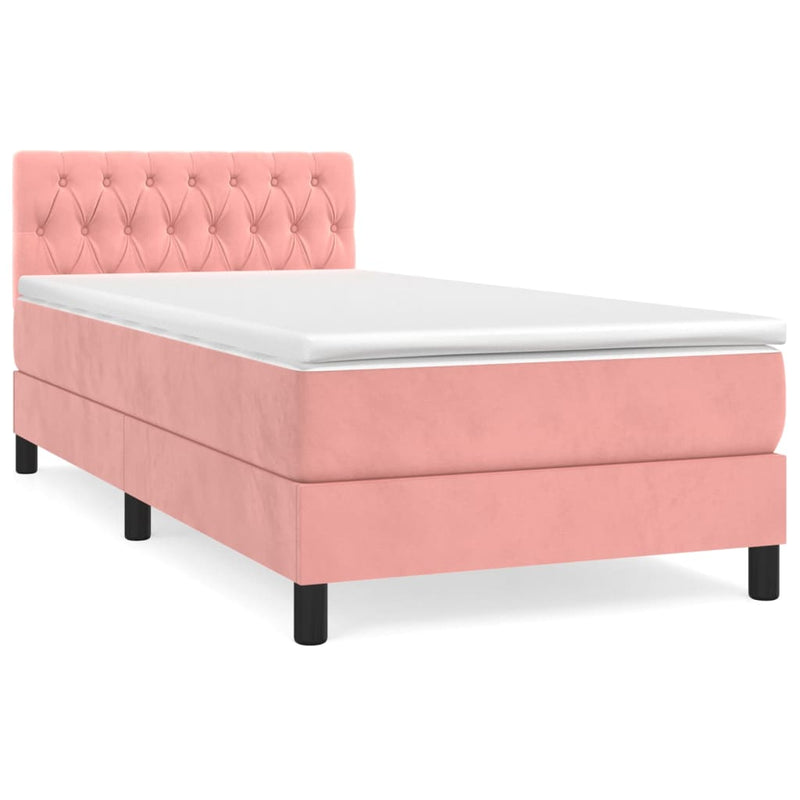 Pat box spring cu saltea, roz, 90x190 cm, catifea