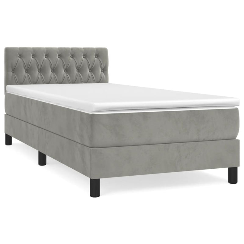 Pat box spring cu saltea, gri deschis, 90x200 cm, catifea