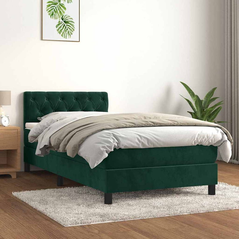 Pat box spring cu saltea, verde închis, 90x200 cm, catifea