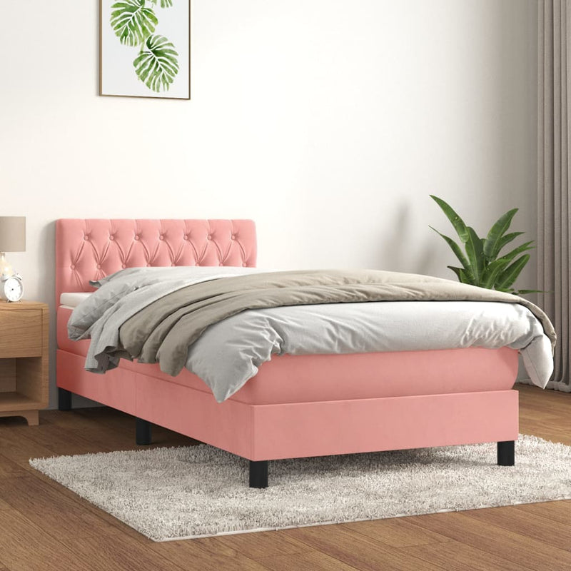 Pat box spring cu saltea, roz, 100x200 cm, catifea