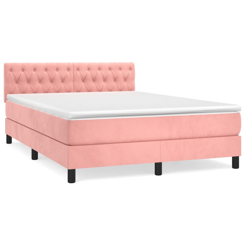 Pat box spring cu saltea, roz, 140x190 cm, catifea