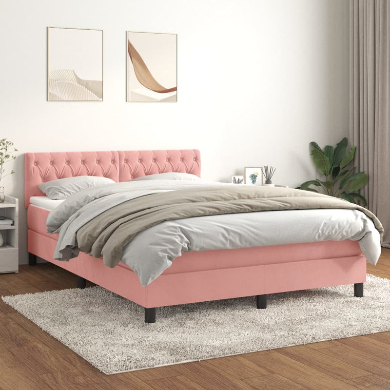 Pat box spring cu saltea, roz, 140x200 cm, catifea