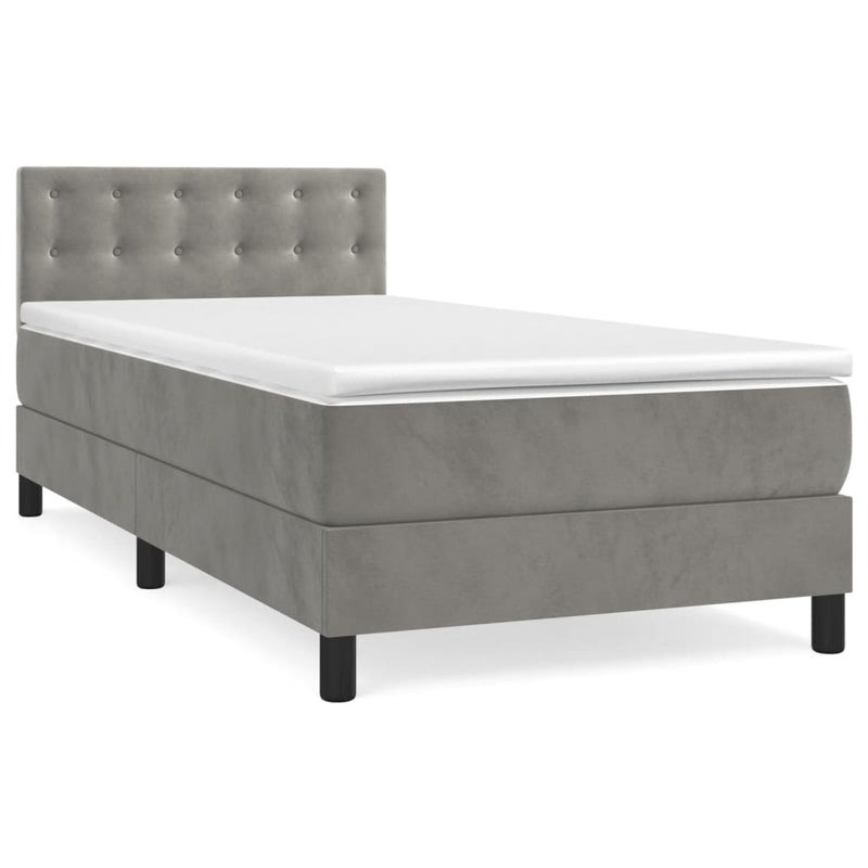 Pat box spring cu saltea, gri deschis, 80x200 cm, catifea