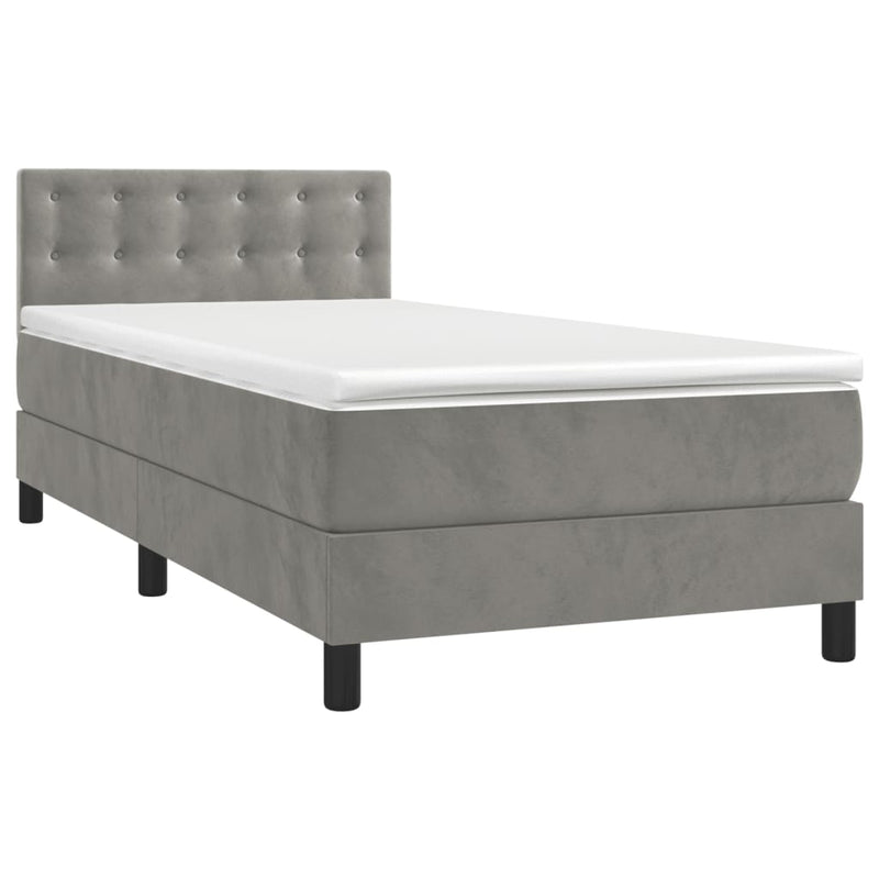 Pat box spring cu saltea, gri deschis, 80x200 cm, catifea
