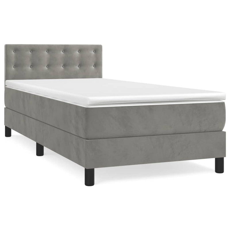 Pat box spring cu saltea, gri deschis, 90x190 cm, catifea