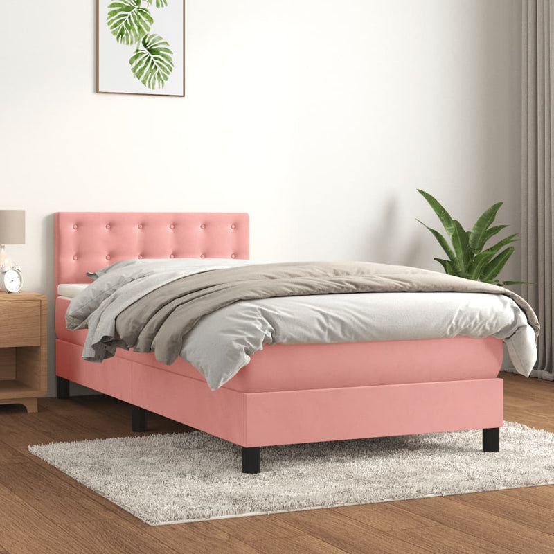 Pat box spring cu saltea, roz, 90x200 cm, catifea