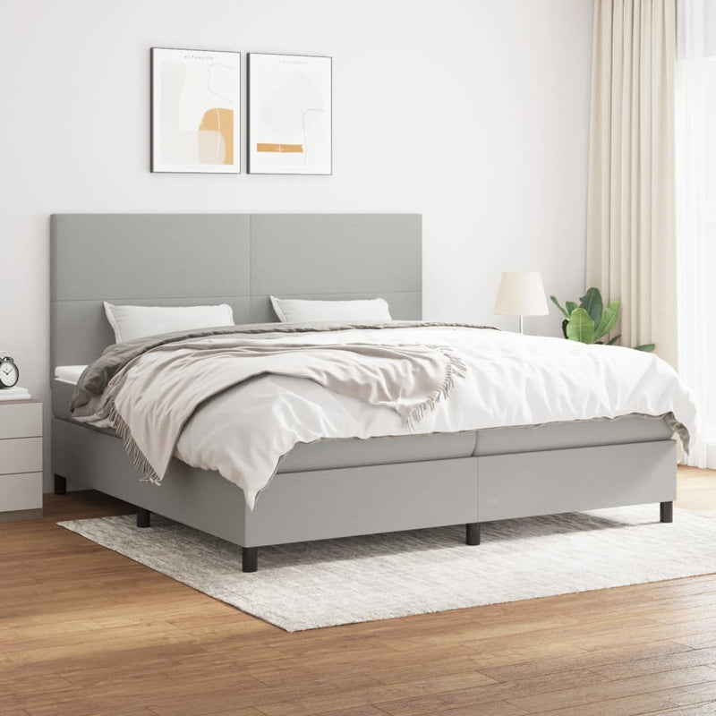Pat box spring cu saltea, gri deschis, 200x200 cm, textil