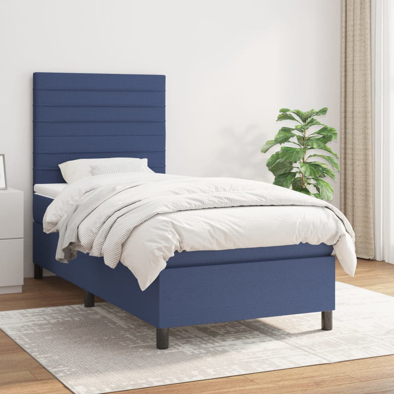 Pat box spring cu saltea, albastru, 90x190 cm, textil