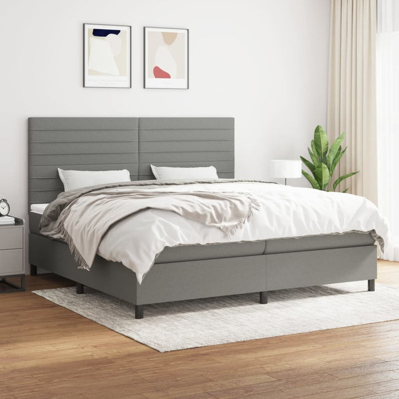 Pat box spring cu saltea, gri închis, 200x200 cm, textil