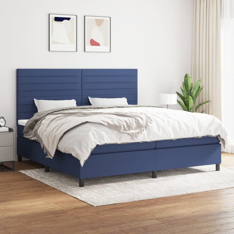 Pat box spring cu saltea, albastru, 200x200 cm, textil
