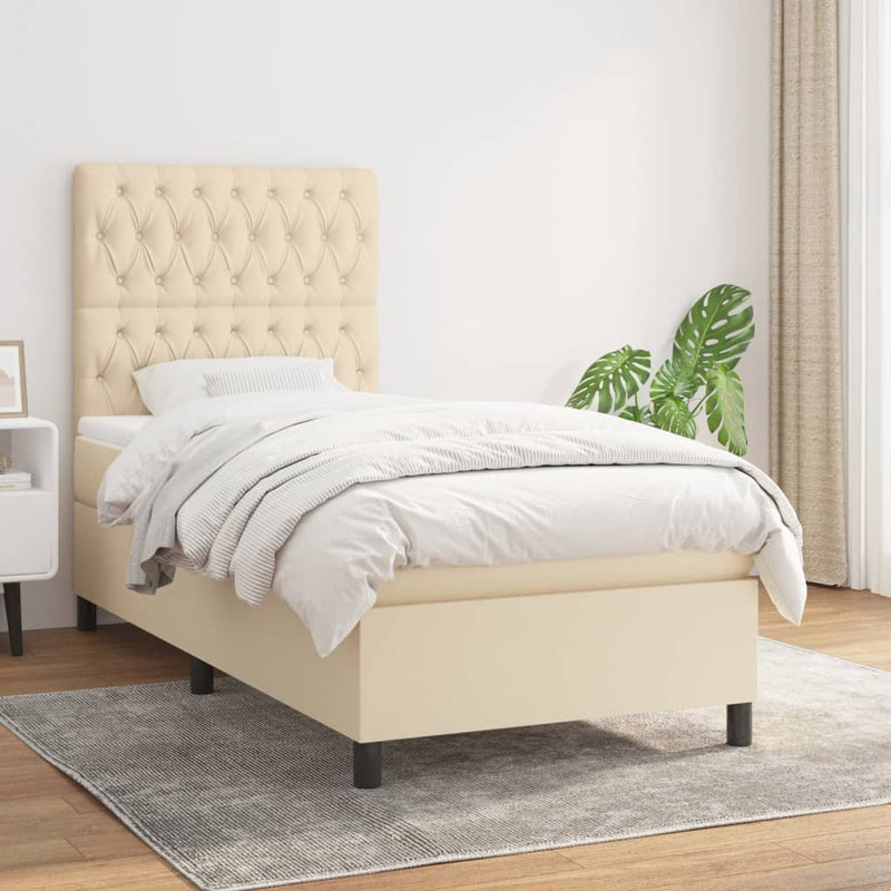 Pat box spring cu saltea, crem, 90x190 cm, textil