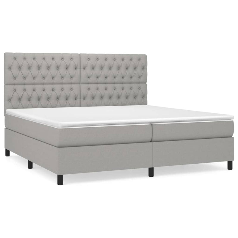 Pat box spring cu saltea, gri deschis, 200x200 cm, textil