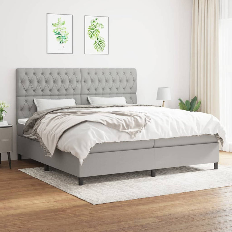 Pat box spring cu saltea, gri deschis, 200x200 cm, textil