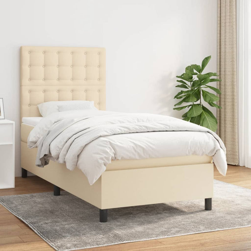 Pat box spring cu saltea, crem, 90x190 cm, textil