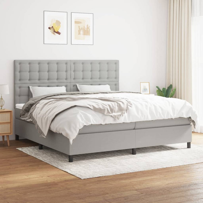 Pat box spring cu saltea, gri deschis, 200x200 cm, textil