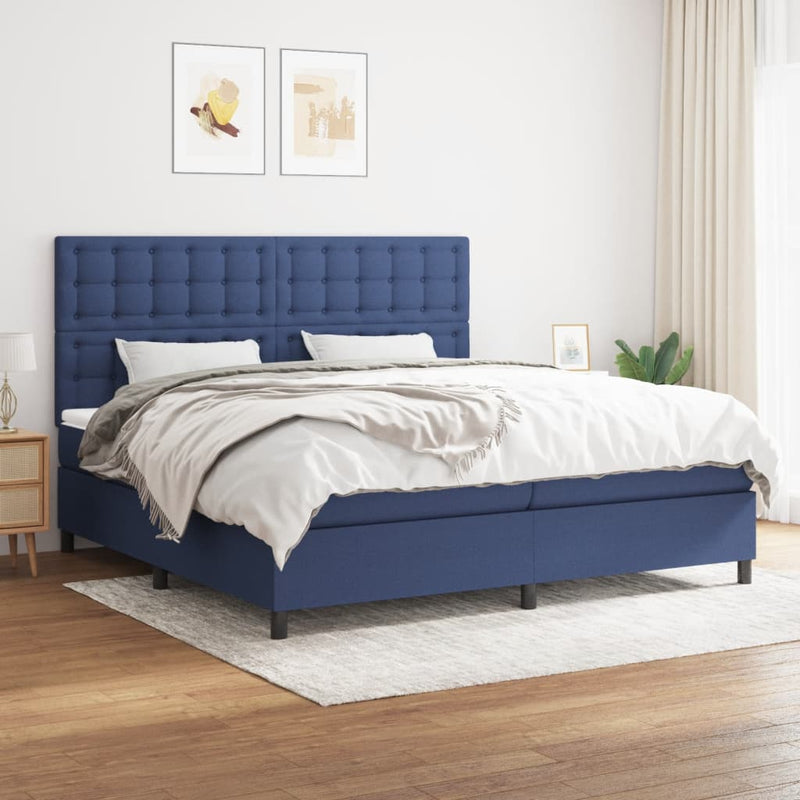 Pat box spring cu saltea, albastru, 200x200 cm, textil
