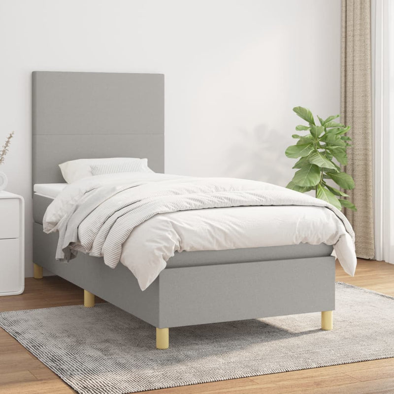 Pat box spring cu saltea, gri deschis, 90x200 cm, textil