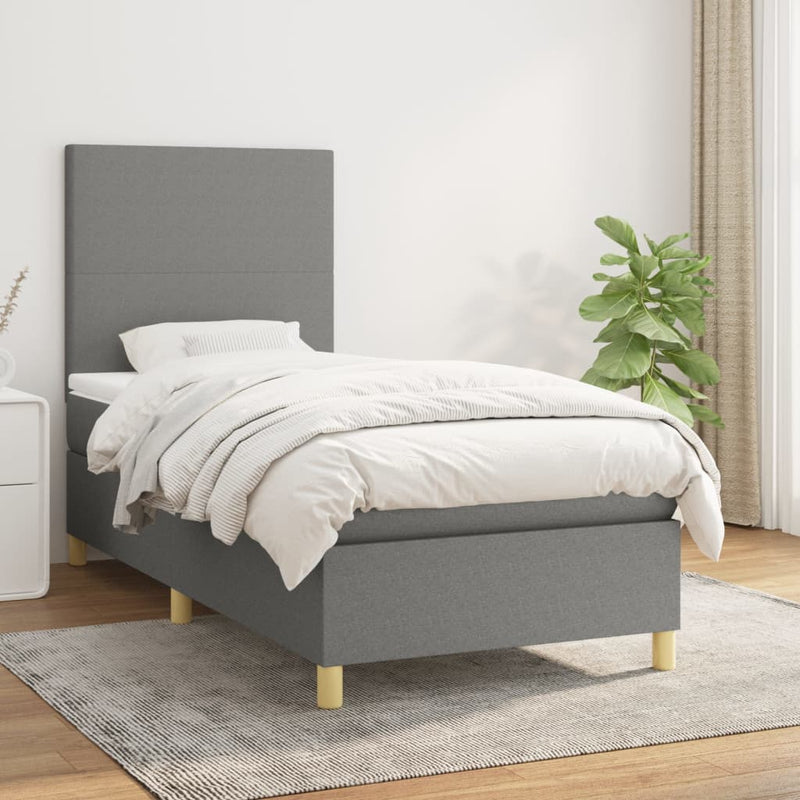 Pat box spring cu saltea, gri închis, 90x200 cm, textil