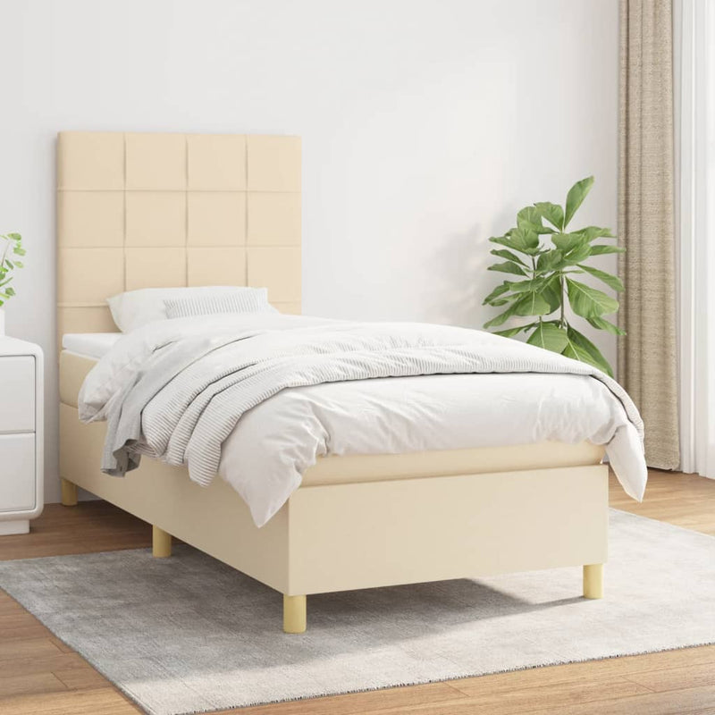 Pat box spring cu saltea, crem, 90x190 cm, textil