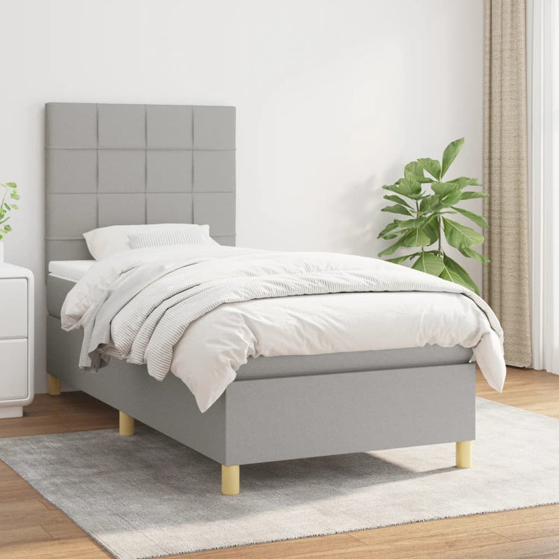 Pat box spring cu saltea, gri deschis, 90x200 cm, textil