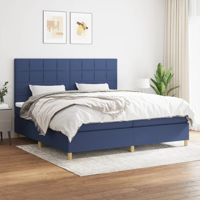Pat box spring cu saltea, albastru, 200x200 cm, textil