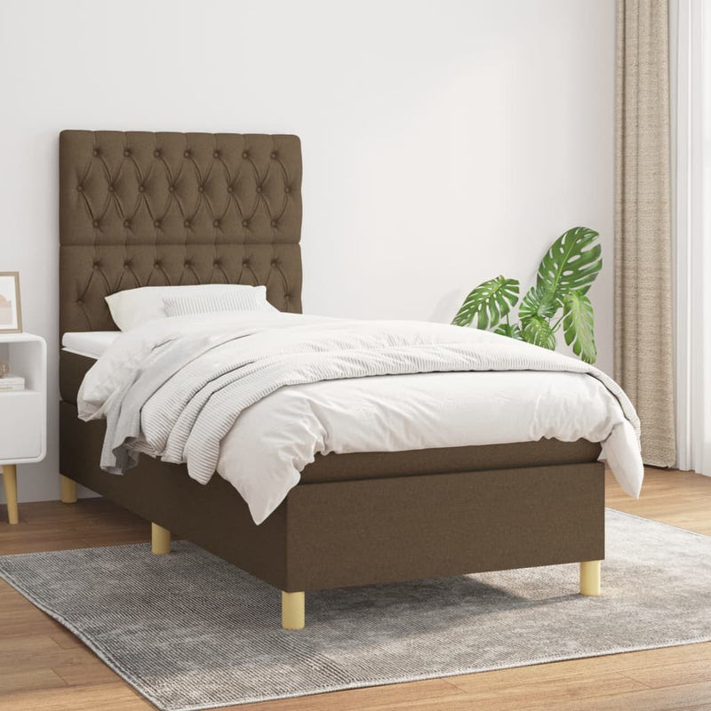 Pat box spring cu saltea, maro închis, 90x190 cm, textil
