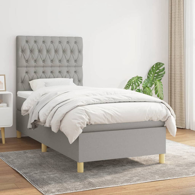 Pat box spring cu saltea, gri deschis, 90x200 cm, textil