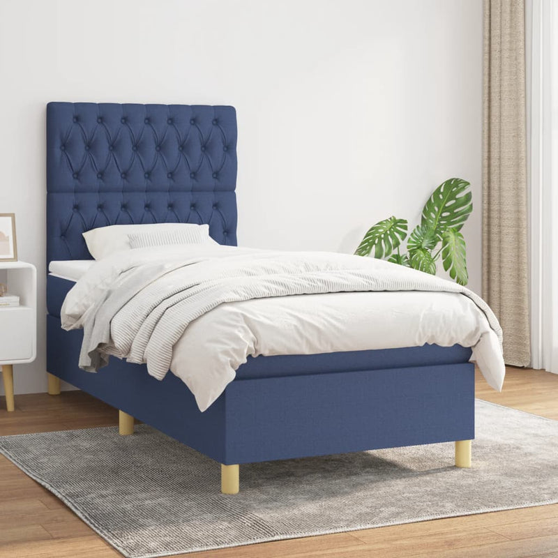 Pat box spring cu saltea, albastru, 90x200 cm, textil
