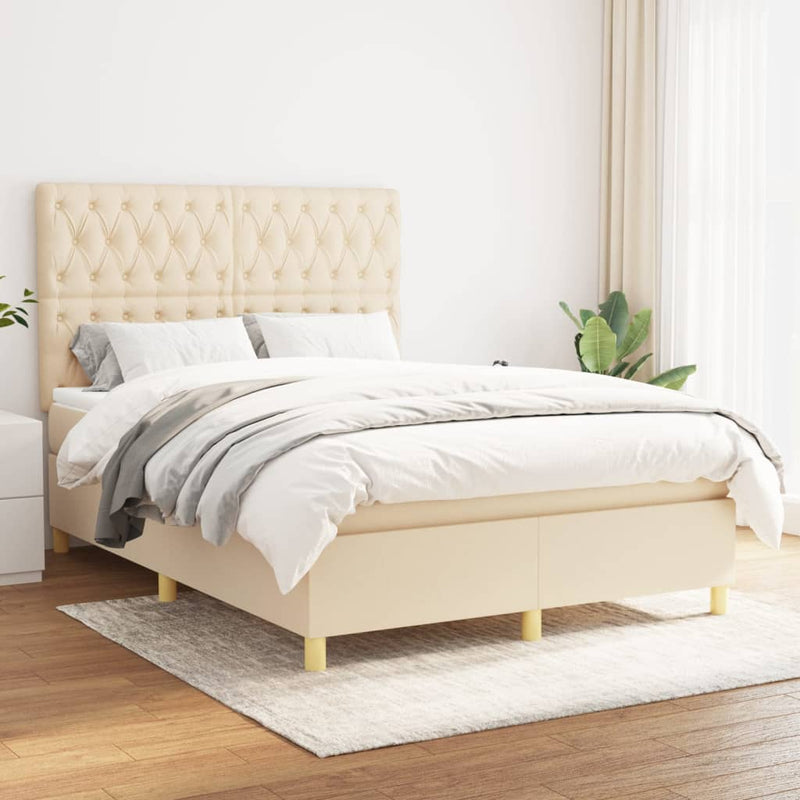 Pat box spring cu saltea, crem, 140x200 cm, textil