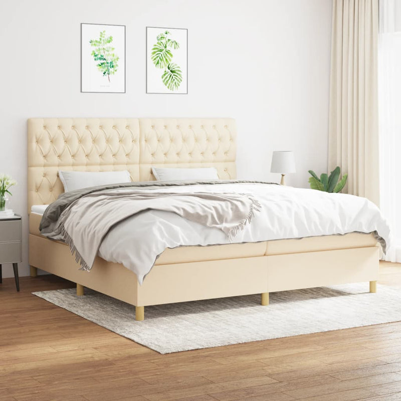 Pat box spring cu saltea, crem, 200x200 cm, textil
