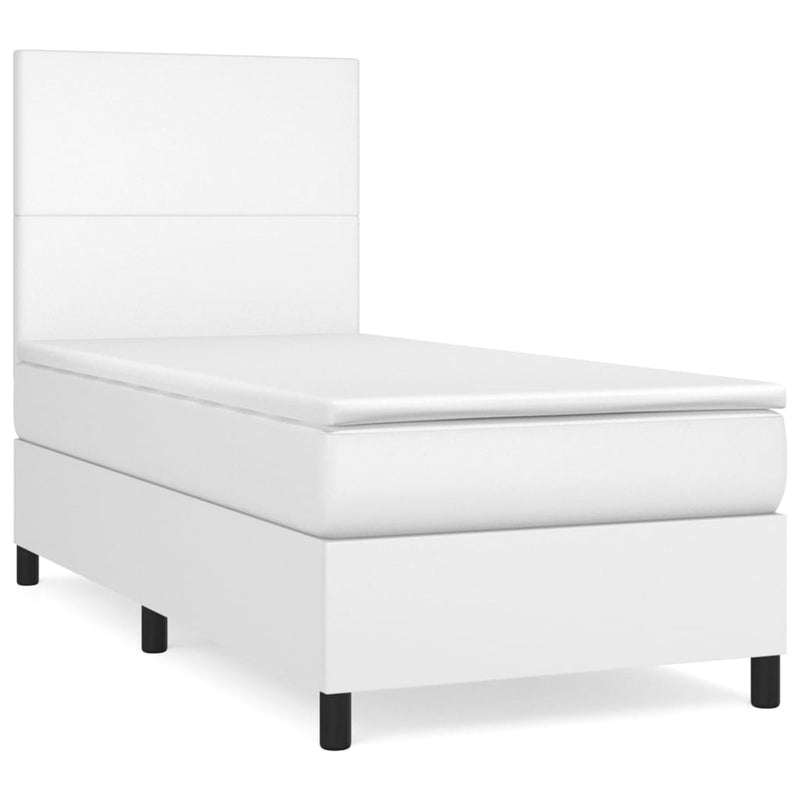 Pat box spring cu saltea, alb, 90x190 cm, piele ecologică