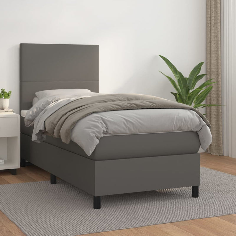 Pat box spring cu saltea, gri, 90x190 cm, piele ecologică