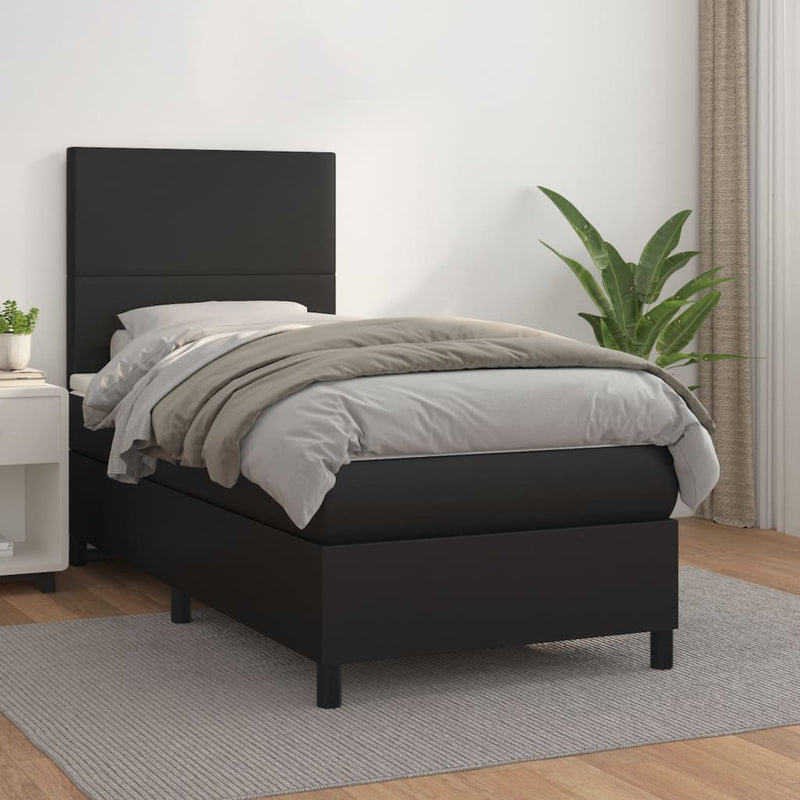 Pat box spring cu saltea, negru, 90x200 cm, piele ecologică