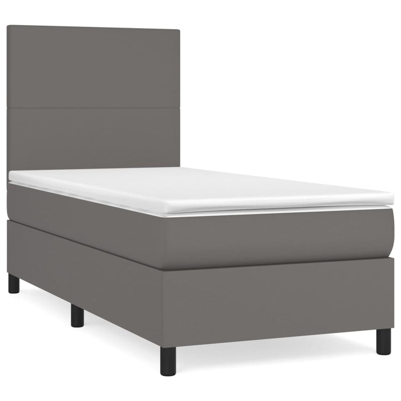 Pat box spring cu saltea, gri, 90x200 cm, piele ecologică