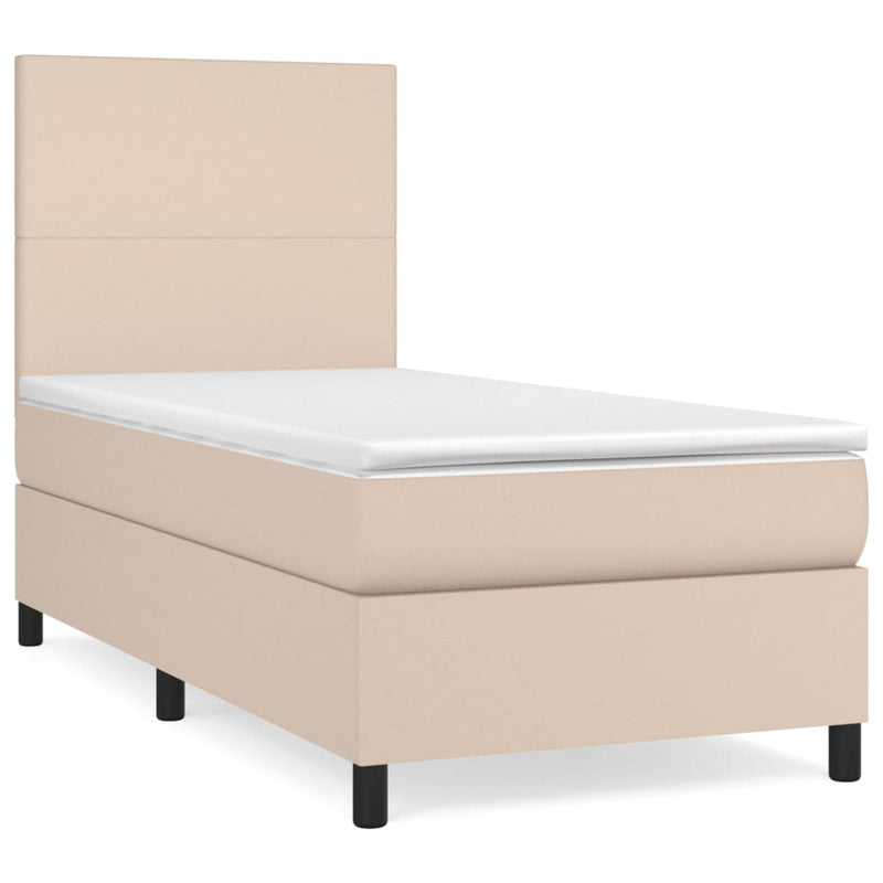 Pat box spring cu saltea, cappuccino, 90x200 cm piele ecologică