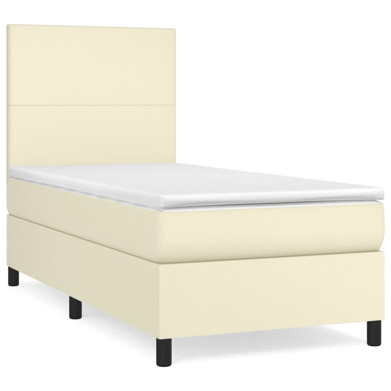 Pat box spring cu saltea, crem, 100x200 cm, piele ecologică