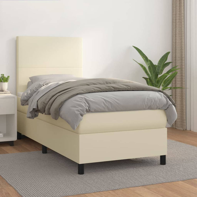 Pat box spring cu saltea, crem, 100x200 cm, piele ecologică