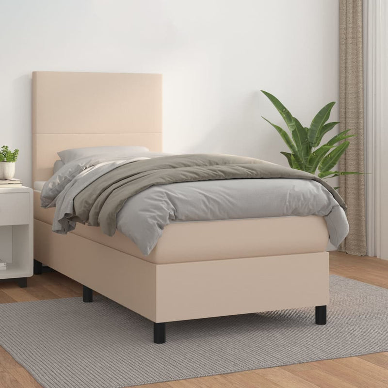 Pat box spring cu saltea, cappuccino, 100x200cm piele ecologică